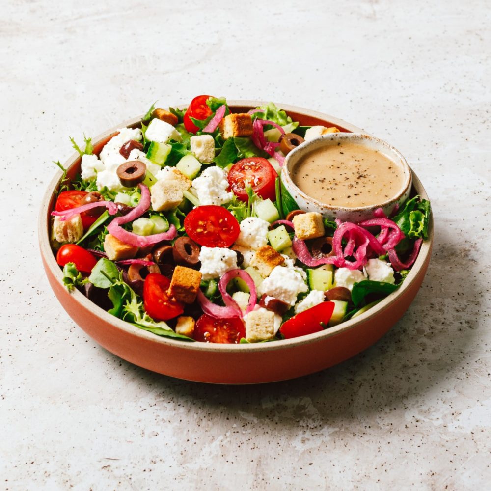 A bright and delicious looking bowl of greek salad
