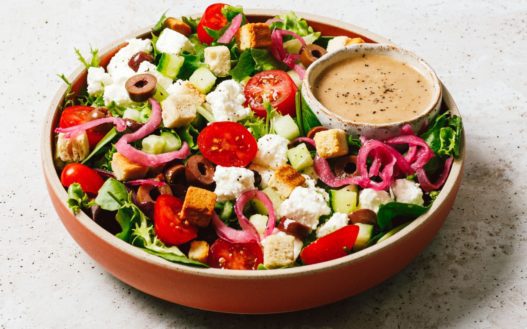 A bright and delicious looking bowl of greek salad