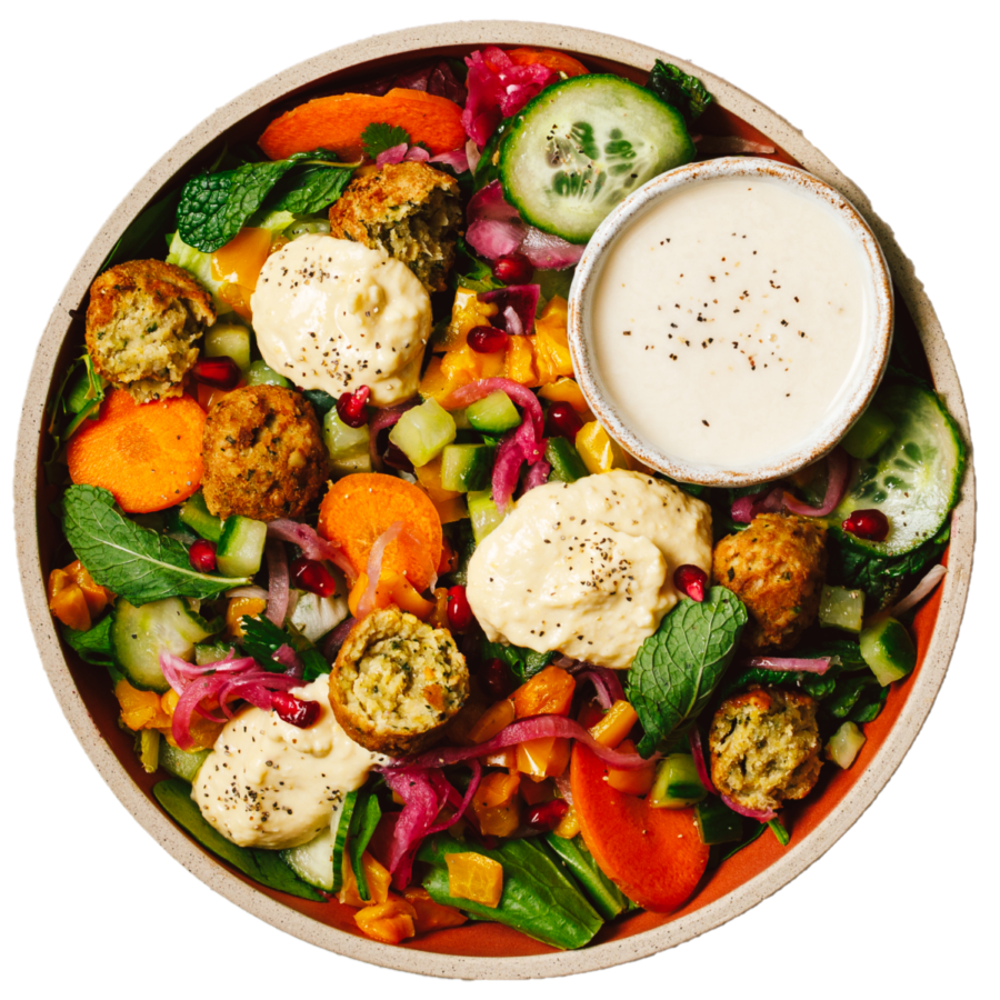 A birds eye view of a vegan salad
